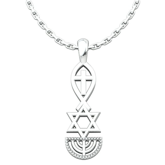 Messianic, Jesus Fish, Star of David, & Menorah, Sterling Silver Pendant Necklace for Men and Women