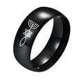 thumbnail image 1 of Messianic Judaism and Christians Symbol Ring Stainless Steel Jewish Mogan Star of David & Menorah & Ichthys Jerusalem Polished Wedding Band for Church Prayer Christening Baptism, Size 8, 1 of 7