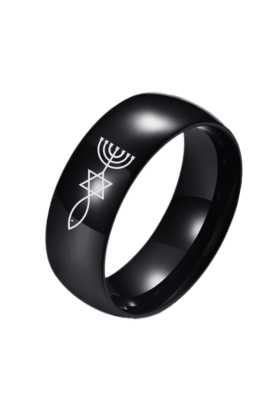 Messianic Judaism and Christians Symbol Ring Stainless Steel Jewish Mogan Star of David & Menorah & Ichthys Jerusalem Polished Wedding Band for Church Prayer Christening Baptism, Size 11