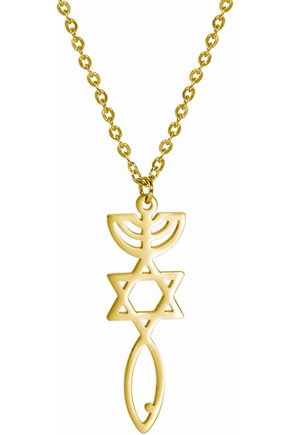 Messianic Seal Necklace for Women Star Of David Jesus Fish Menorah Necklace Messianic Seal of Jerusalem Pendant Jewish Religious Amulet Hanukkah Jewelry Gift Token of Prayer