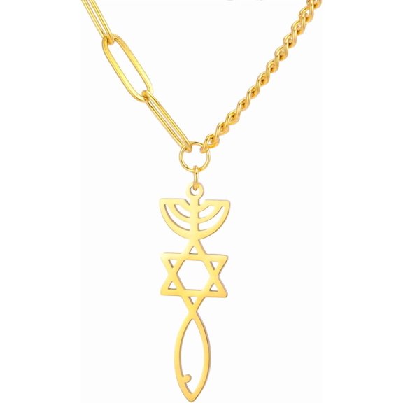 Messianic Seal Necklace for Women Star Of David Jesus Fish Menorah Necklace Messianic Seal of Jerusalem Pendant Jewish Religious Amulet Hanukkah Jewelry Gift Token of Prayer