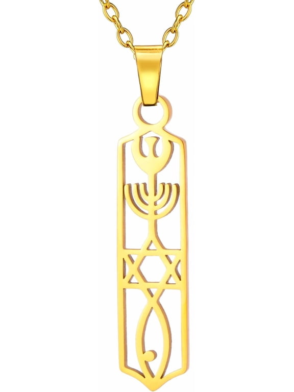 Messianic Seal Necklace for Women Star Of David Jesus Fish Menorah Necklace Messianic Seal of Jerusalem Pendant Jewish Religious Amulet Hanukkah Jewelry Gift Token of Prayer