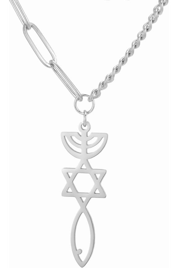 Messianic Seal Necklace for Women Star Of David Jesus Fish Menorah Necklace Messianic Seal of Jerusalem Pendant Jewish Religious Amulet Hanukkah Jewelry Gift Token of Prayer