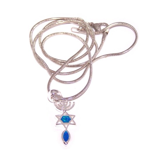 Messianic Seal symbol with created Opal Stones - Rhodium plated (2.5 cm - 1 inch - 20 Inch Chain)