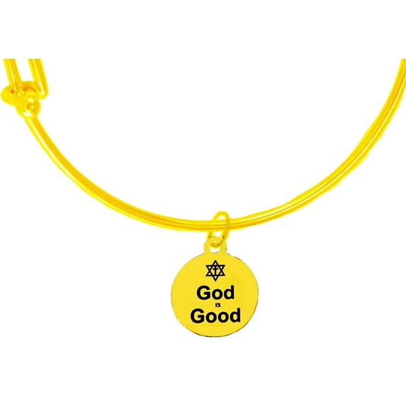 Messianic, Yeshua, God Is Good 14KT Goldtone Charm On A 14KT Goldtone Adjustable Miracle Wire Bracelet, Will fit Everyone. What A Wonderful Gift For Yourself Or Someone Special. Hypoallergenic-Safe