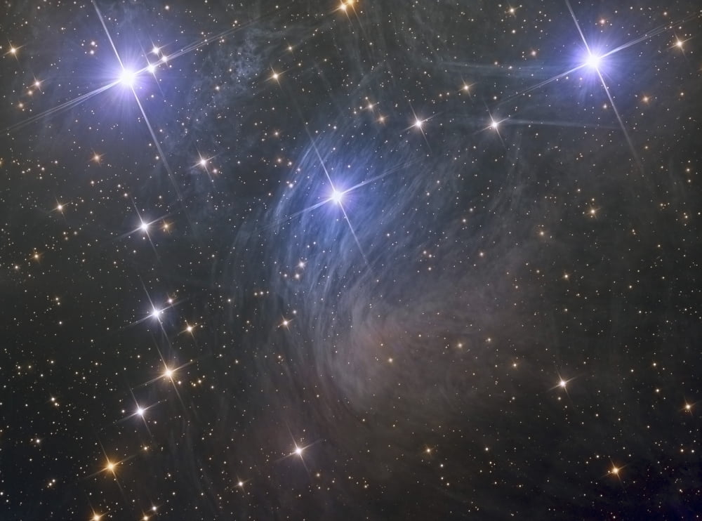 Messier 45 the Pleiades an open star cluster in the Taurus constellation Canvas Art - Reinhold WittichStocktrek Images (17 x 13)