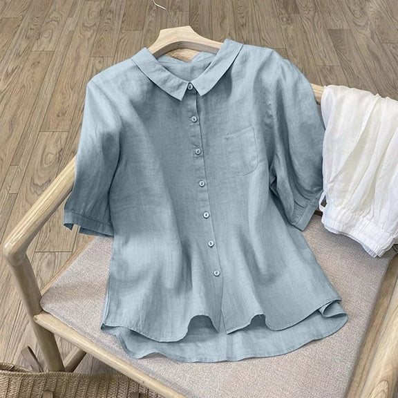 Messiyo Women's Tops, Tees & Blouses Short Sleeve Shirts Babydoll Tops for Women Plus Size Linen Tops Boho Tops for Women Babydoll Tops for Women Womens Plus Size Tops Blue L