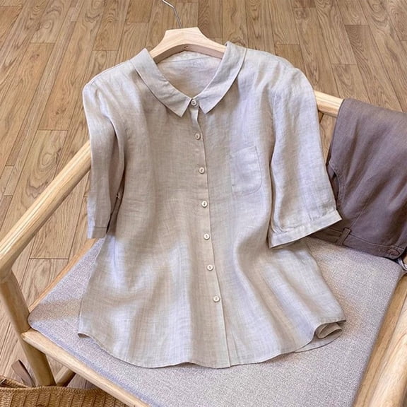 Messiyo Women's Tops, Tees & Blouses Short Sleeve Shirts Babydoll Tops for Women Plus Size Linen Tops Boho Tops for Women Babydoll Tops for Women Womens Plus Size Tops Khaki 2XL