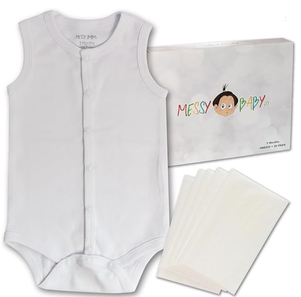 Messy Baby Co. Baby Blowout Prevention Onesie SIZE  9 MONTHS– Cotton Snap-Front Romper with 20 Disposable Leak Pads – Keeps Messes Contained & Clothes Clean