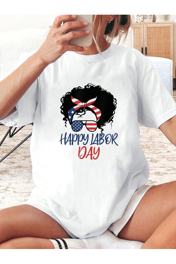 Messy Bun American Flag Labor Day USA Vintage Labor Day 2022 T-Shirt - Soft 100% Cotton, Breathable, Casual Short Sleeve Top For Spring & Summer For T-Shirt Lovers