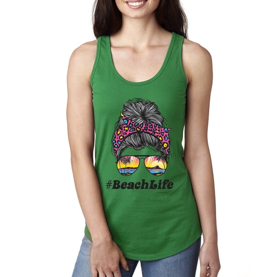 Messy Bun BeachLife | Cool Neon Leopard Print Bandana | Sunglasses Vaction Beach Paradise Fashion Ladies Racerback Sleeveless Top, Kelly, XL