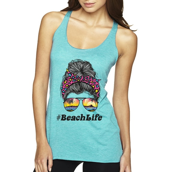 Messy Bun BeachLife | Cool Neon Leopard Print Bandana | Sunglasses Vaction Beach Paradise Fashion Tri-Blend Racerback Sleeveless Top, Tahiti Blue, L