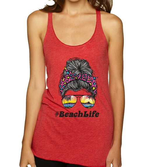 Messy Bun BeachLife | Cool Neon Leopard Print Bandana | Sunglasses Vaction Beach Paradise Fashion Tri-Blend Racerback Sleeveless Top, Vintage Red, S