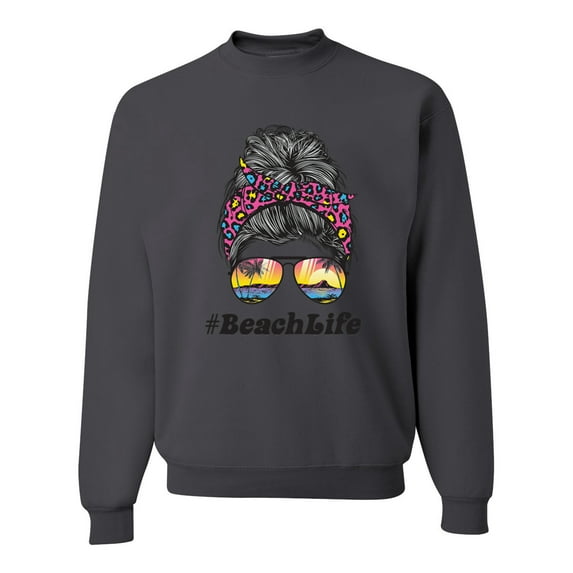 Messy Bun BeachLife | Cool Neon Leopard Print Bandana | Sunglasses Vaction Beach Paradise Fashion Unisex Crewneck Sweatshirt, Charcoal, M