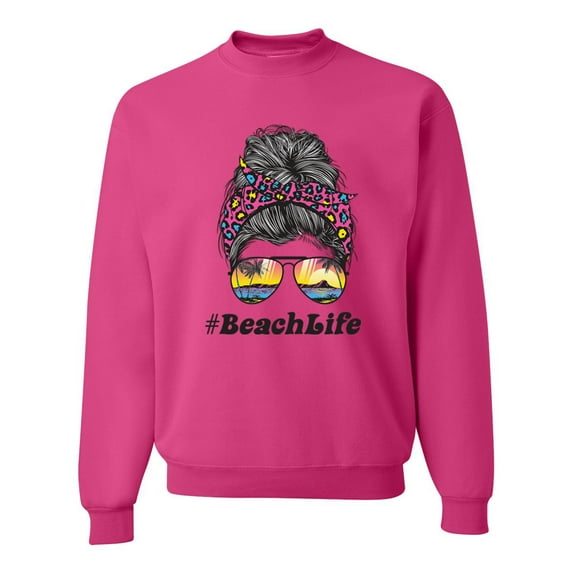 Messy Bun BeachLife | Cool Neon Leopard Print Bandana | Sunglasses Vaction Beach Paradise Fashion Unisex Crewneck Sweatshirt, Fuschia, S