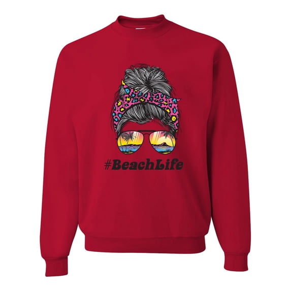 Messy Bun BeachLife | Cool Neon Leopard Print Bandana | Sunglasses Vaction Beach Paradise Fashion Unisex Crewneck Sweatshirt, Red, 4XL