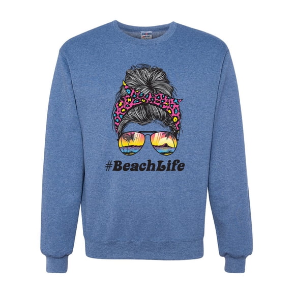 Messy Bun BeachLife | Cool Neon Leopard Print Bandana | Sunglasses Vaction Beach Paradise Fashion Unisex Crewneck Sweatshirt, Vintage Heather Blue, XL