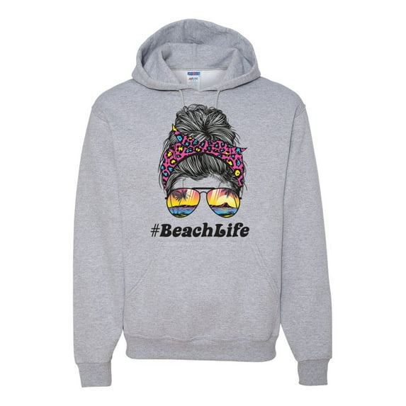 Messy Bun BeachLife | Cool Neon Leopard Print Bandana | Sunglasses Vaction Beach Paradise Fashion Unisex Hoodie Sweatshirt, Heather Grey, 2XL