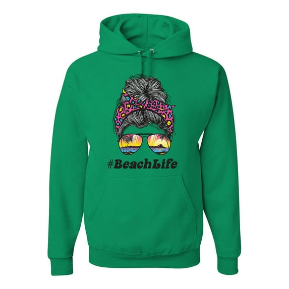Messy Bun BeachLife | Cool Neon Leopard Print Bandana | Sunglasses Vaction Beach Paradise Fashion Unisex Hoodie Sweatshirt, Kelly, XL