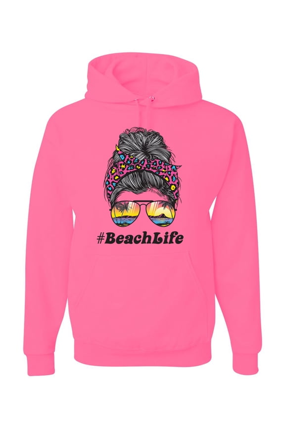 Messy Bun BeachLife | Cool Neon Leopard Print Bandana | Sunglasses Vaction Beach Paradise Fashion Unisex Hoodie Sweatshirt, Neon Pink, XL