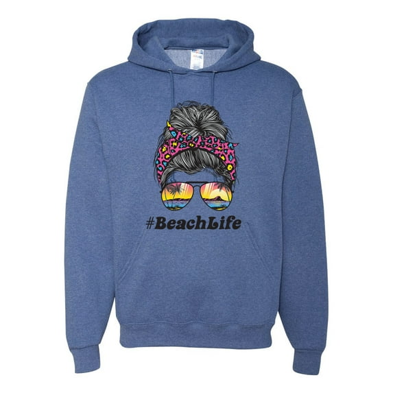 Messy Bun BeachLife | Cool Neon Leopard Print Bandana | Sunglasses Vaction Beach Paradise Fashion Unisex Hoodie Sweatshirt, Vintage Heather Blue, M