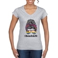 thumbnail image 1 of Messy Bun BeachLife | Cool Neon Leopard Print Bandana | Sunglasses Vaction Beach Paradise Fashion Womenâ€™s Standard V-Neck Tee, Heather Grey, M, 1 of 5