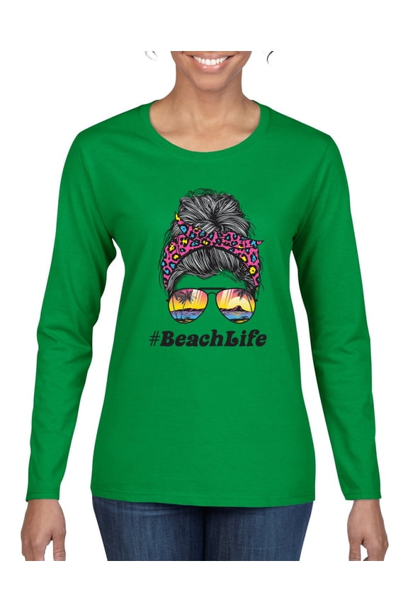 Messy Bun BeachLife | Cool Neon Leopard Print Bandana | Sunglasses Vaction Beach Paradise Fashion Womens Long Sleeve T-Shirt, Kelly, XL