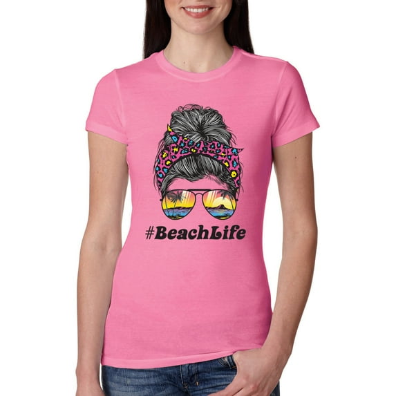 Messy Bun BeachLife | Cool Neon Leopard Print Bandana | Sunglasses Vaction Beach Paradise Fashion Womens Slim Fit Junior Tee, Hot Pink, M