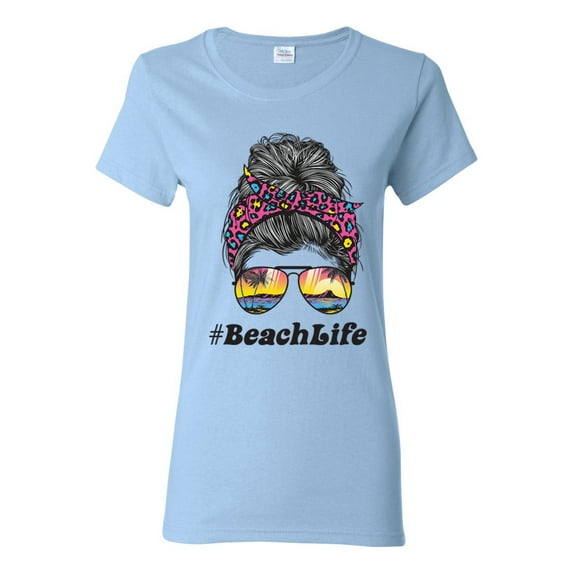 Messy Bun BeachLife | Cool Neon Leopard Print Bandana | Sunglasses Vaction Beach Paradise Fashion Womens T-Shirt, Light Blue, S
