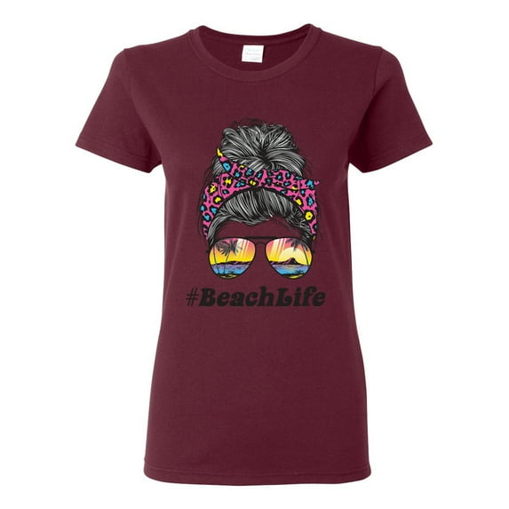 Messy Bun BeachLife | Cool Neon Leopard Print Bandana | Sunglasses Vaction Beach Paradise Fashion Womens T-Shirt, Maroon, 3XL