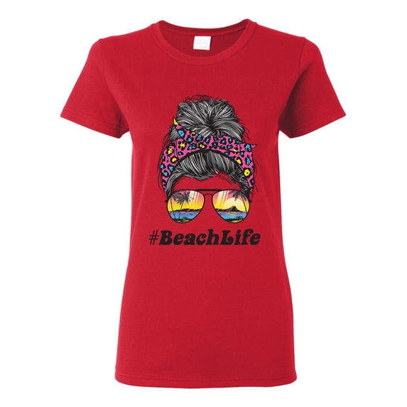 Messy Bun BeachLife | Cool Neon Leopard Print Bandana | Sunglasses Vaction Beach Paradise Fashion Womens T-Shirt, Red, S