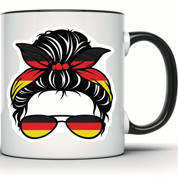 Messy Bun Germany Flag Mug - German Pride & Mom Gift - Funny Unique German Hair Mug for Her - 11 Ounce Black Rim Handle Novelty Coffee Cup - WMUG0699-Black Rim