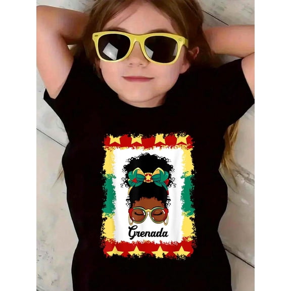 Messy Bun Grenada Flag Caribbean Country Patriotic History Kids T-Shirt Kids Graphic Tee Soft Cotton Short Sleeve Casual Shirt