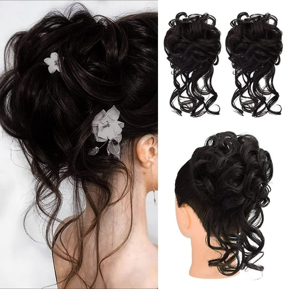 Messy Bun Hair Piece, 2PCS Tousled Updo with Tendrils Hair Bun Extensions Wavy Curly Hair Wrap Ponytail Hairpieces Thick Hair Scrunchies for Women HB010 Dasiy - Black Brown