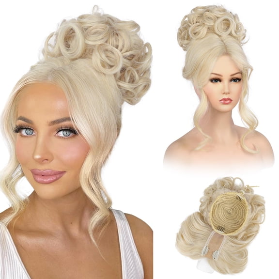Messy Bun Hair Piece with Bangs - 2-in-1 Hair Bun Hairpieces Curly Updo Wig & Hair Topper with Long Side Bangs Natural-Looking Drawstring Ponytail Extension for Women