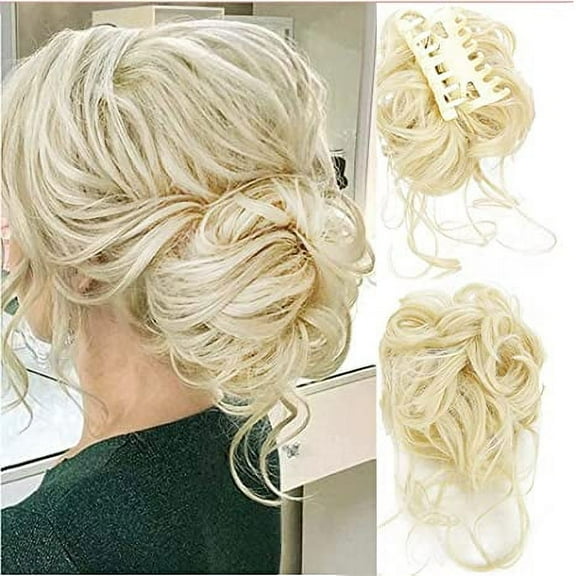 Messy Bun Hair Piece Claw Clip Messy Bun Hair Bun Wavy Curly Hair Bun Long Beard Bun Hair Synthetic Tousled Updo Hair Extensions Scrunchie Hairpiece for Women (gold)