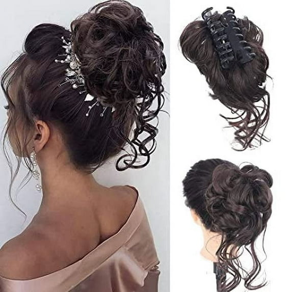 Messy Bun Hair Piece Claw Clip Messy Bun Hair Bun Wavy Curly Hair Bun Long Beard Bun Hair Synthetic Tousled Updo Hair Extensions Scrunchie Hairpiece for Women(cold brown)