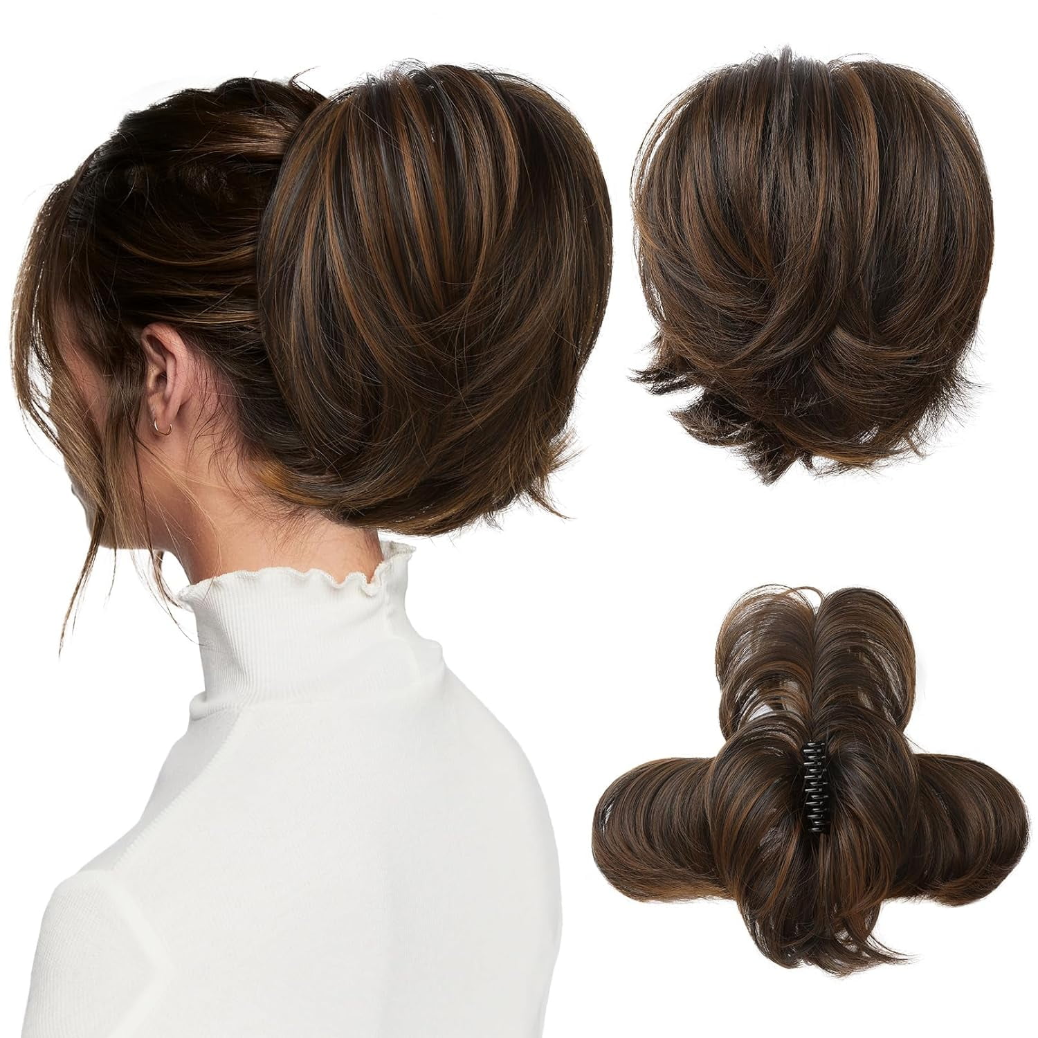 Messy Bun Hair Piece, Claw Clip in Straight Hair Bun 9 Inch Short Ponytail Extension with Bendable Metal Wire Hair Pieces for Women Fake Pony DIY Styles - Medium Brown with Blonde Highlights