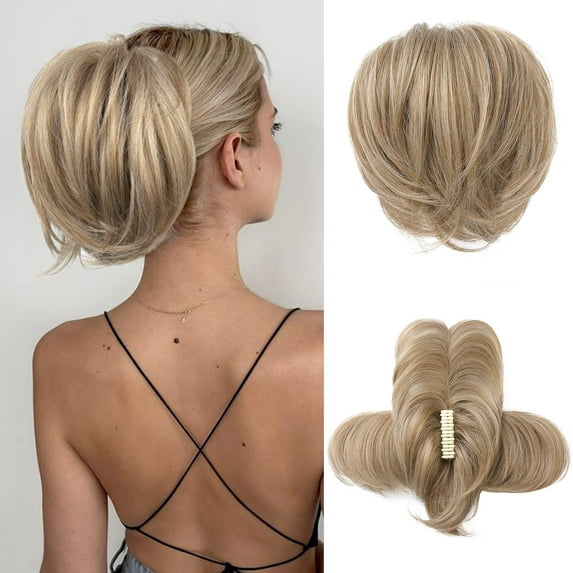 Messy Bun Hair Piece, Claw Clip in Straight Hair Bun 9 Inch Short Ponytail Extension with Bendable Metal Wire Hair Pieces for Women Fake Pony DIY Styles - Medium Brown with Blonde Highlights