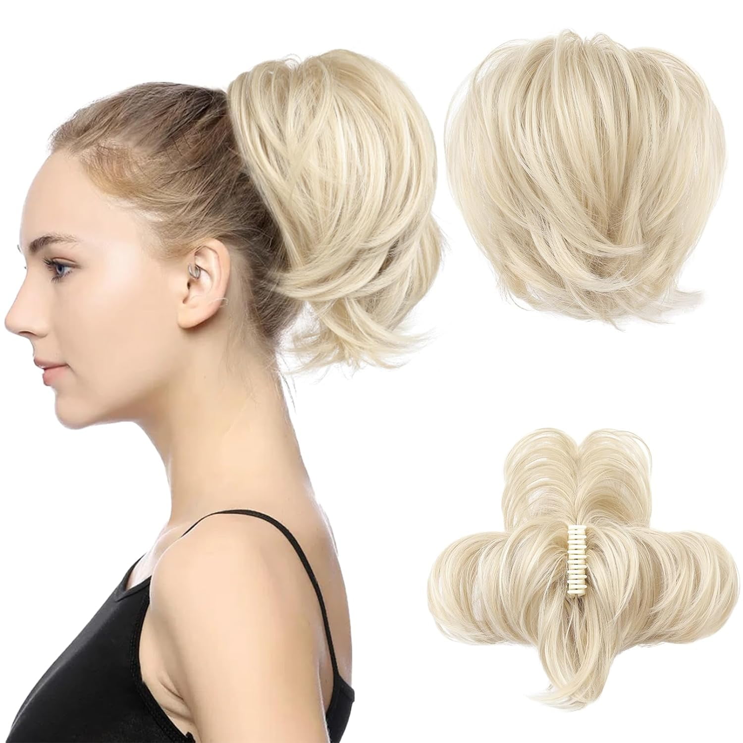 Messy Bun Hair Piece, Claw Clip in Straight Hair Bun 9 Inch Short Ponytail Extension with Bendable Metal Wire Hair Pieces for Women Fake Pony DIY Styles - Medium Brown with Blonde Highlights