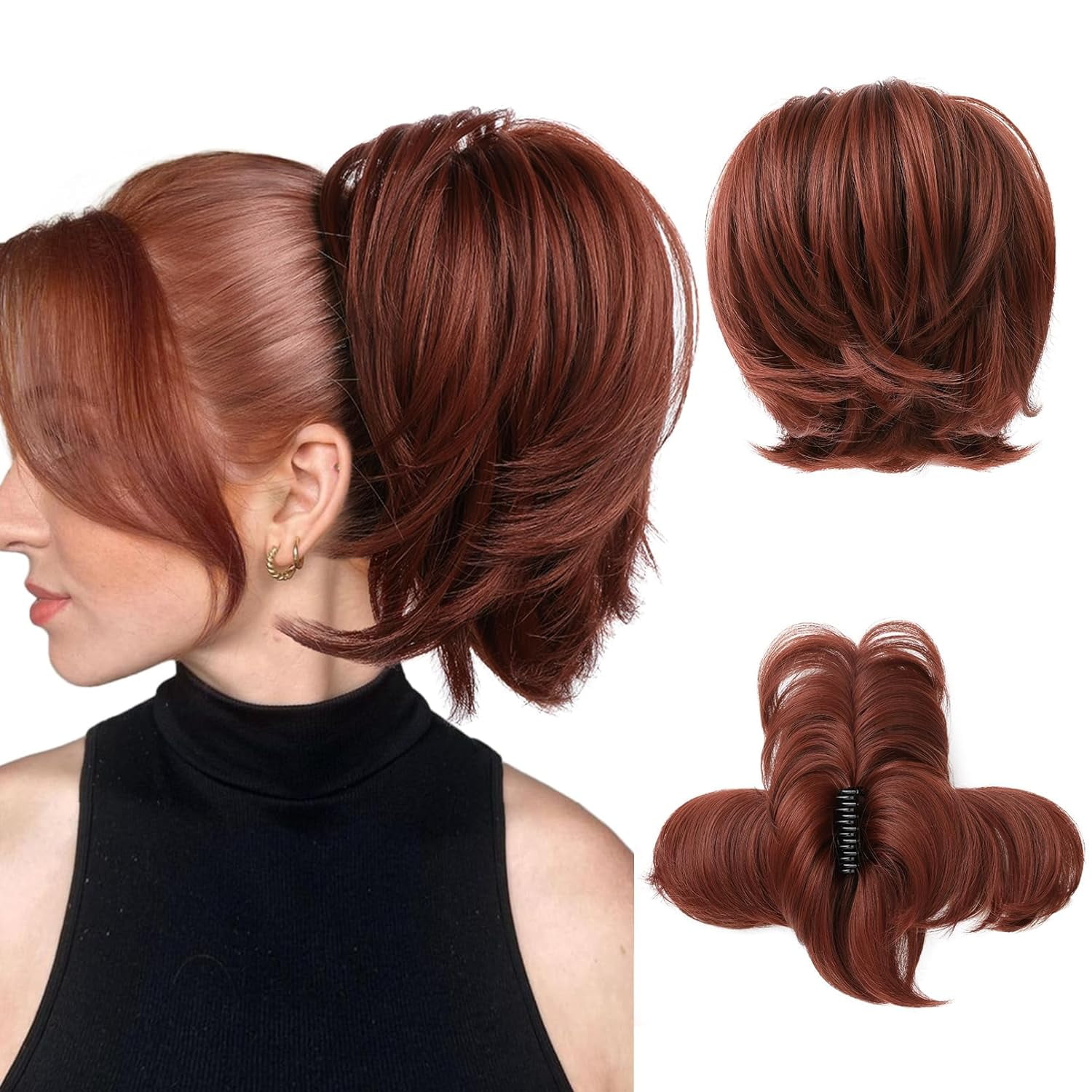 Messy Bun Hair Piece, Claw Clip in Straight Hair Bun 9 Inch Short Ponytail Extension with Bendable Metal Wire Hair Pieces for Women Fake Pony DIY Styles - Medium Brown with Blonde Highlights