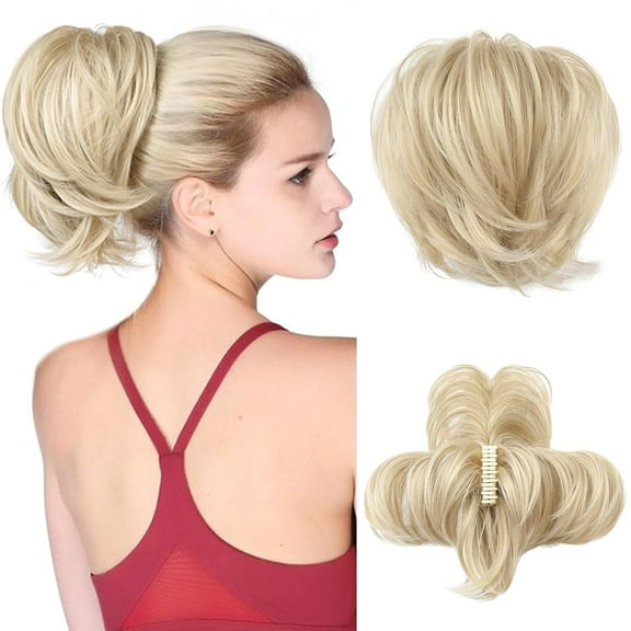 Messy Bun Hair Piece, Claw Clip in Straight Hair Bun 9 Inch Short Ponytail Extension with Bendable Metal Wire Hair Pieces for Women Fake Pony DIY Styles - Medium Brown with Blonde Highlights