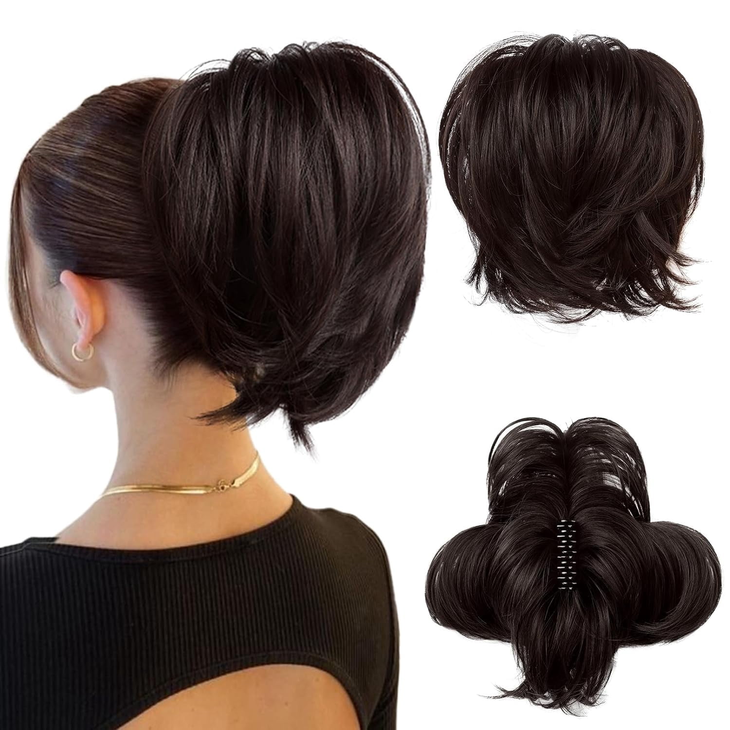 Messy Bun Hair Piece, Claw Clip in Straight Hair Bun 9 Inch Short Ponytail Extension with Bendable Metal Wire Hair Pieces for Women Fake Pony DIY Styles - Medium Brown with Blonde Highlights
