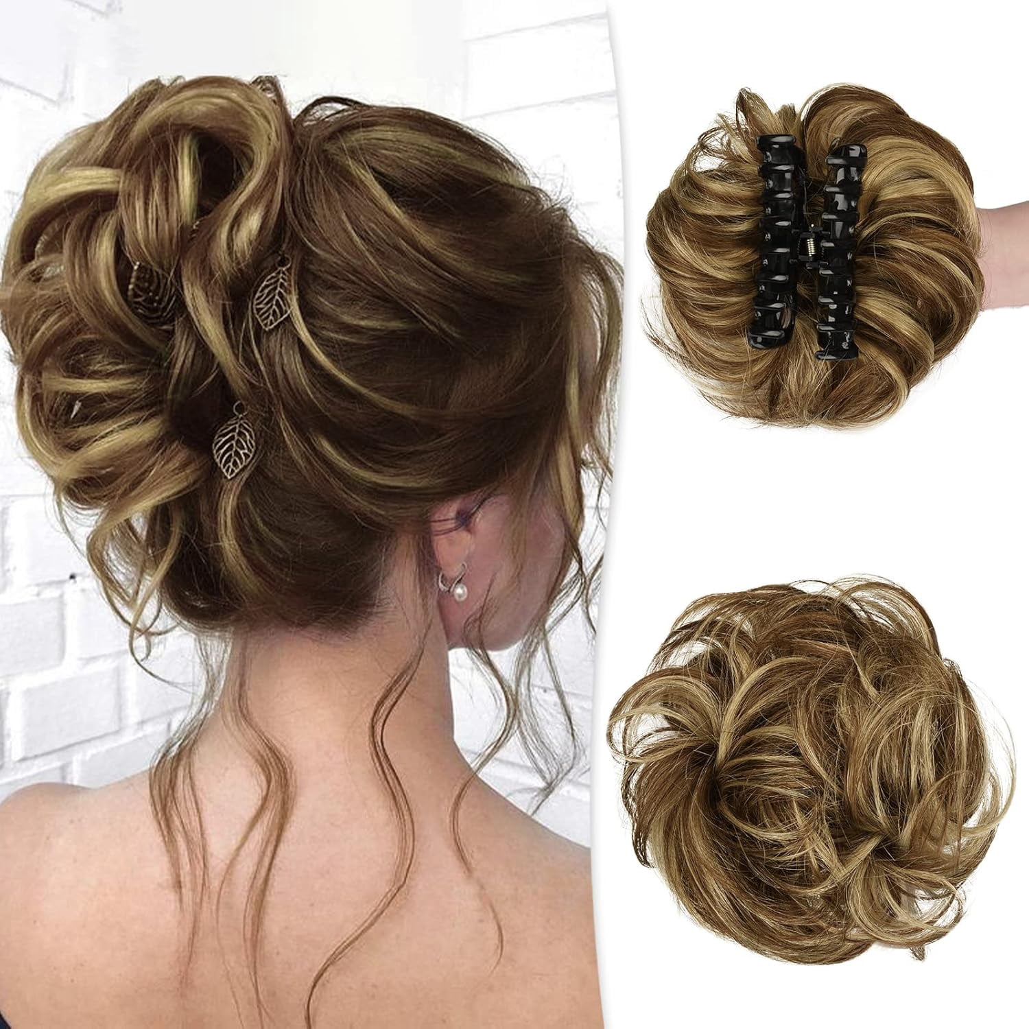 Messy Bun Hair Piece Human Hair, Claw Clip in Hair Bun Extension Short Ponytail Extension Real Human Hair Wavy Curly Updo Hairpieces for Women - Dark Beige Brown with Copper Golden Highlights
