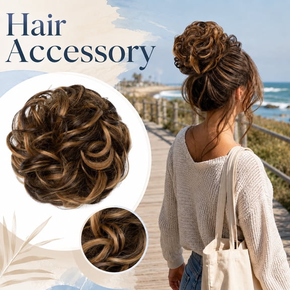 Messy Bun Hair Piece, Wavy Curly Fake Hair Bun for Women, Voluminous Textured Updo Ponytail Extension, Natural Look Hairpieces for Daily Wedding Party, Dark Brown Golden Blonde