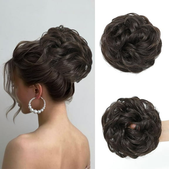 Messy Bun Hair Piece Wavy Curly Fake Hair Buns Synthetic Scrunchie Messy Bun Natural Extensions Updo Hair Pieces for Women (Dark Brown)