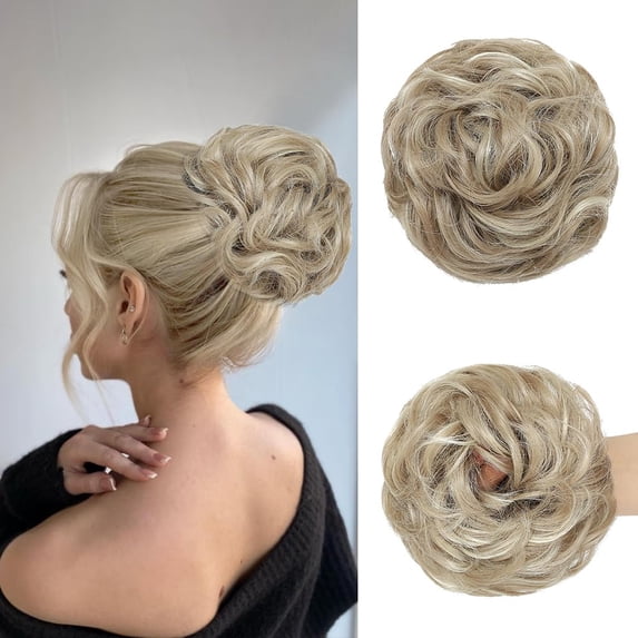Messy Bun Hair Piece Wavy Curly Fake Hair Buns Synthetic Scrunchie Messy Bun Natural Extensions Updo Hair Pieces for Women (Dark Brown)