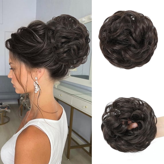 Messy Bun Hair Piece Wavy Curly Fake Hair Buns Synthetic Scrunchie Messy Bun Natural Extensions Updo Hair Pieces for Women (Dark Brown)