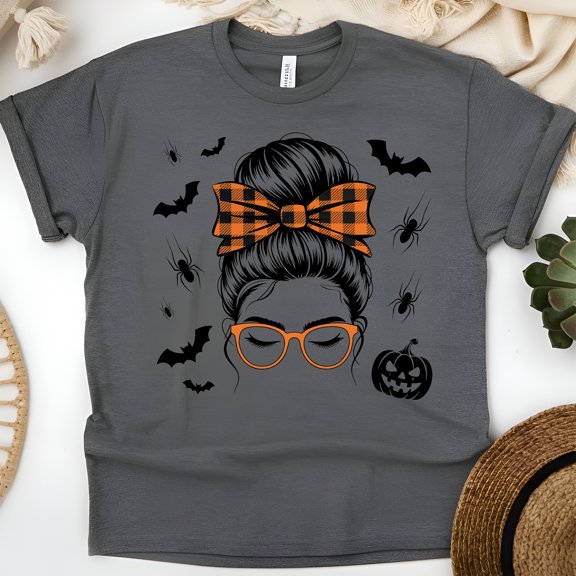 Messy Bun Halloween T-Shirt | Plaid Bow and Pumpkin Graphic Tee for Women, Dark Heather, Size S