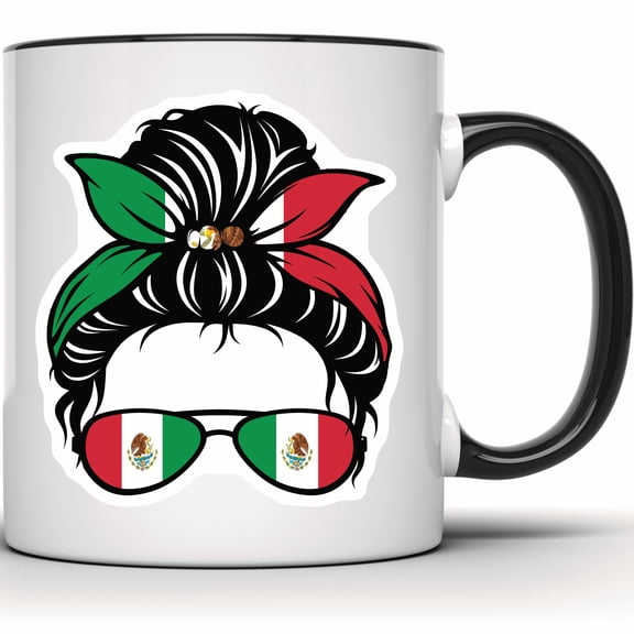 Messy Bun Mexican Flag Mug - Mexico Pride Gift - Latina Mug - Viva Mexico Coffee Cup - Mexican Roots - Funny Messy Bun Hair Mug - 11 Ounce Black Rim Handle Novelty Coffee Cup - WMUG0704-Black Rim